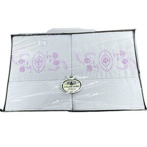 Vtg Star-Lite Pink Rose Floral Embroidered White Pillowcases Set of 2 USA NIB